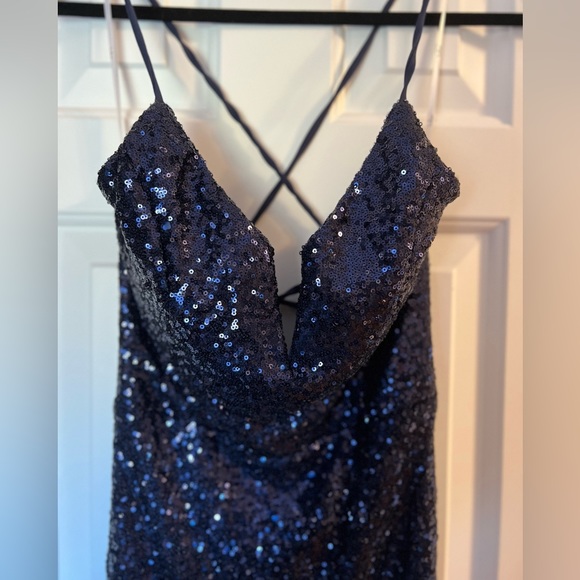 Sparkling Starlet Navy Blue Sequin Lace-Up Midi Dress - Picture 6 of 10